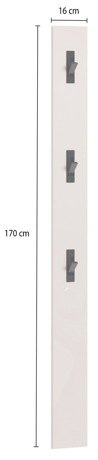 Garderobenleiste mit drei Haken, vertikale Ansicht, Maße 170 cm hoch und 16 cm breit.