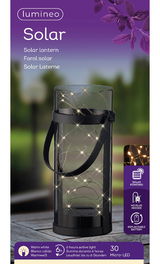 Solarbetriebene Laterne aus Acryl mit warmweißen Micro-LEDs, seitliche Perspektive, geeignet für den Außenbereich.