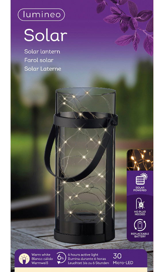 Solarbetriebene Laterne aus Acryl mit warmweißen Micro-LEDs, seitliche Perspektive, geeignet für den Außenbereich.