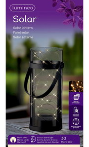 Solarbetriebene Laterne aus Acryl mit warmweißen Micro-LEDs, seitliche Perspektive, geeignet für den Außenbereich.