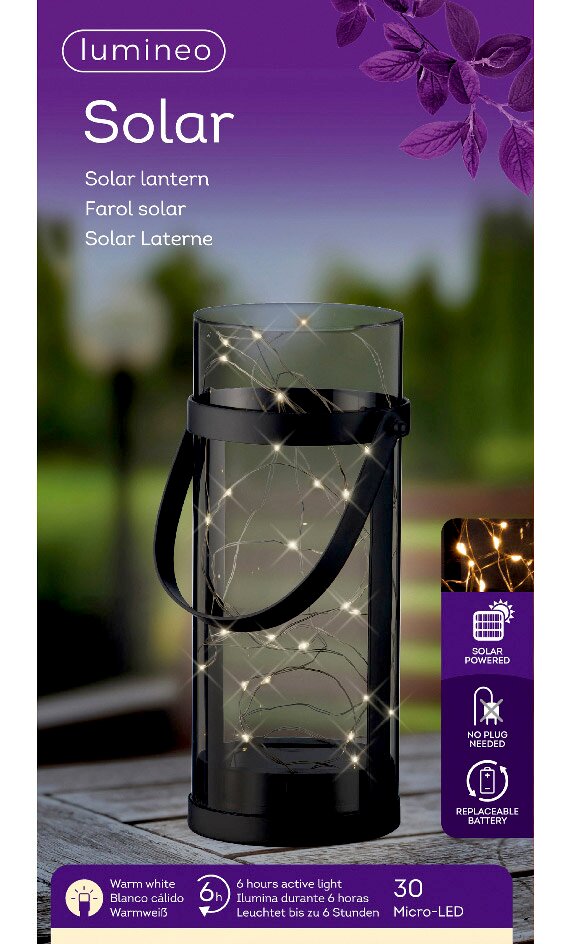 Solarbetriebene Laterne aus Acryl mit warmweißen Micro-LEDs, seitliche Perspektive, geeignet für den Außenbereich.