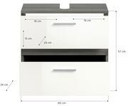 Frontale Ansicht einer Badkombination mit zwei weißen Schubladen und grauer Ablagefläche, Maße: 60 cm Breite, 57 cm Höhe, 34 cm Tiefe.