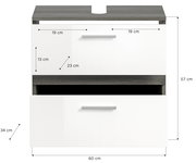 Frontale Ansicht einer Badkombination mit zwei weißen Schubladen und grauer Ablagefläche, Maße: 60 cm Breite, 57 cm Höhe, 34 cm Tiefe.