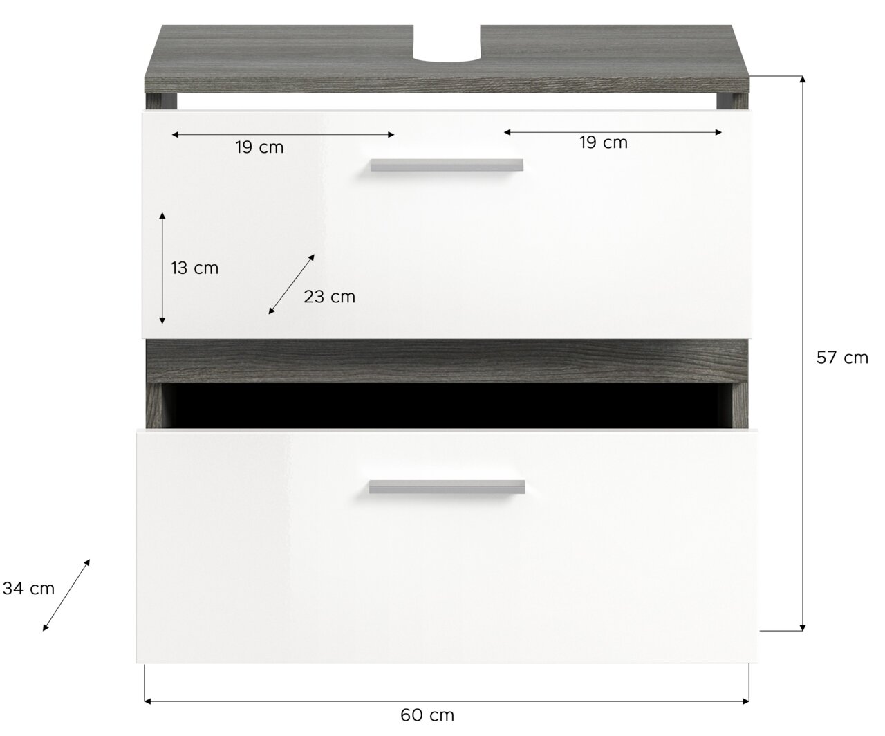 Frontale Ansicht einer Badkombination mit zwei weißen Schubladen und grauer Ablagefläche, Maße: 60 cm Breite, 57 cm Höhe, 34 cm Tiefe.
