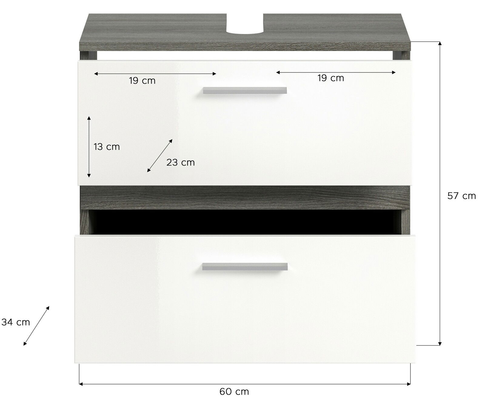 Frontale Ansicht einer Badkombination mit zwei weißen Schubladen und grauer Ablagefläche, Maße: 60 cm Breite, 57 cm Höhe, 34 cm Tiefe.