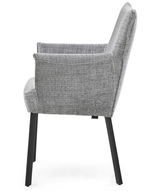 Grauer Armlehnstuhl mit Stoffbezug, seitliche Perspektive