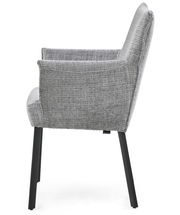 Grauer Armlehnstuhl mit Stoffbezug, seitliche Perspektive