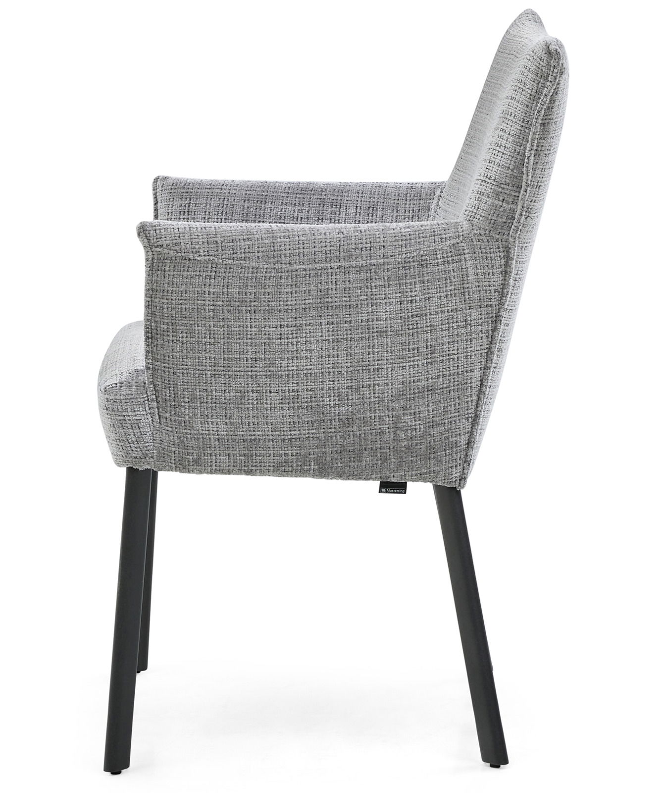 Grauer Armlehnstuhl mit Stoffbezug, seitliche Perspektive