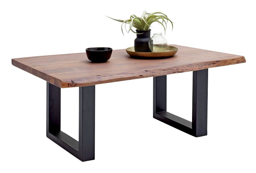 Moderner Couchtisch aus Holz mit Metallbeinen, seitliche Perspektive