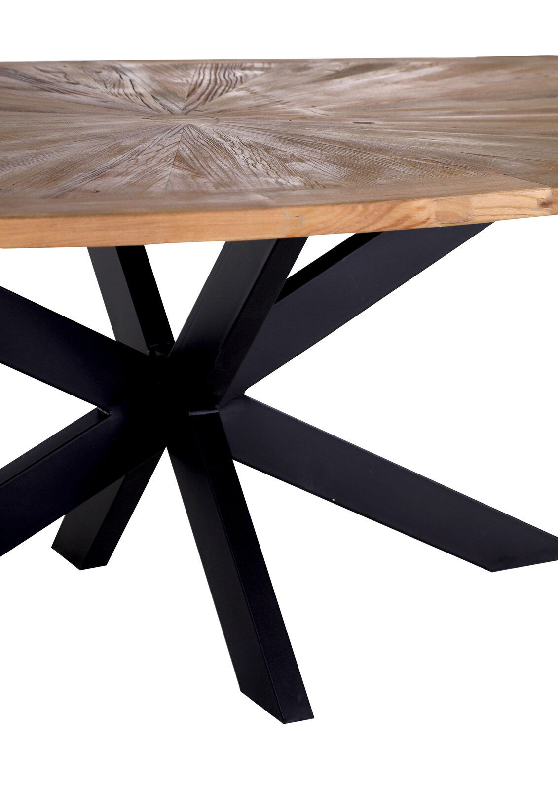 Z2 Esstisch ATTENZIONE Nahaufnahme eines Esstisches mit runder Holzplatte und schwarzem Metallgestell, seitliche Perspektive.