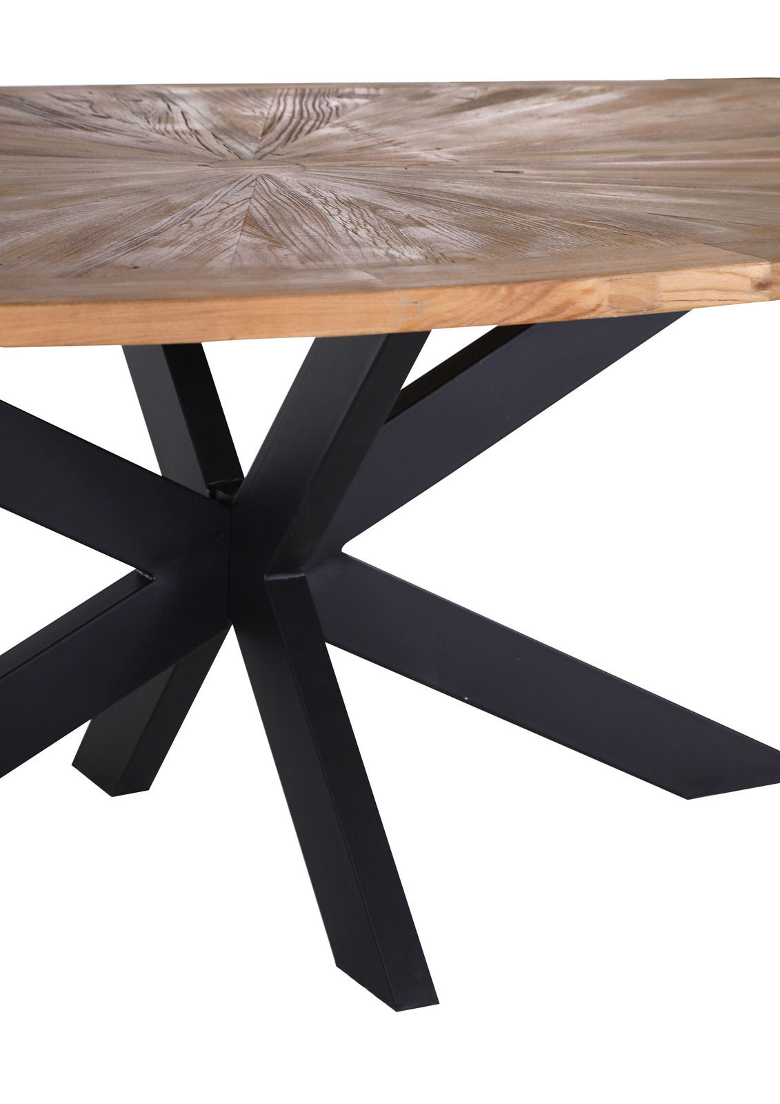 Nahaufnahme eines Esstisches mit runder Holzplatte und schwarzem Metallgestell, seitliche Perspektive.