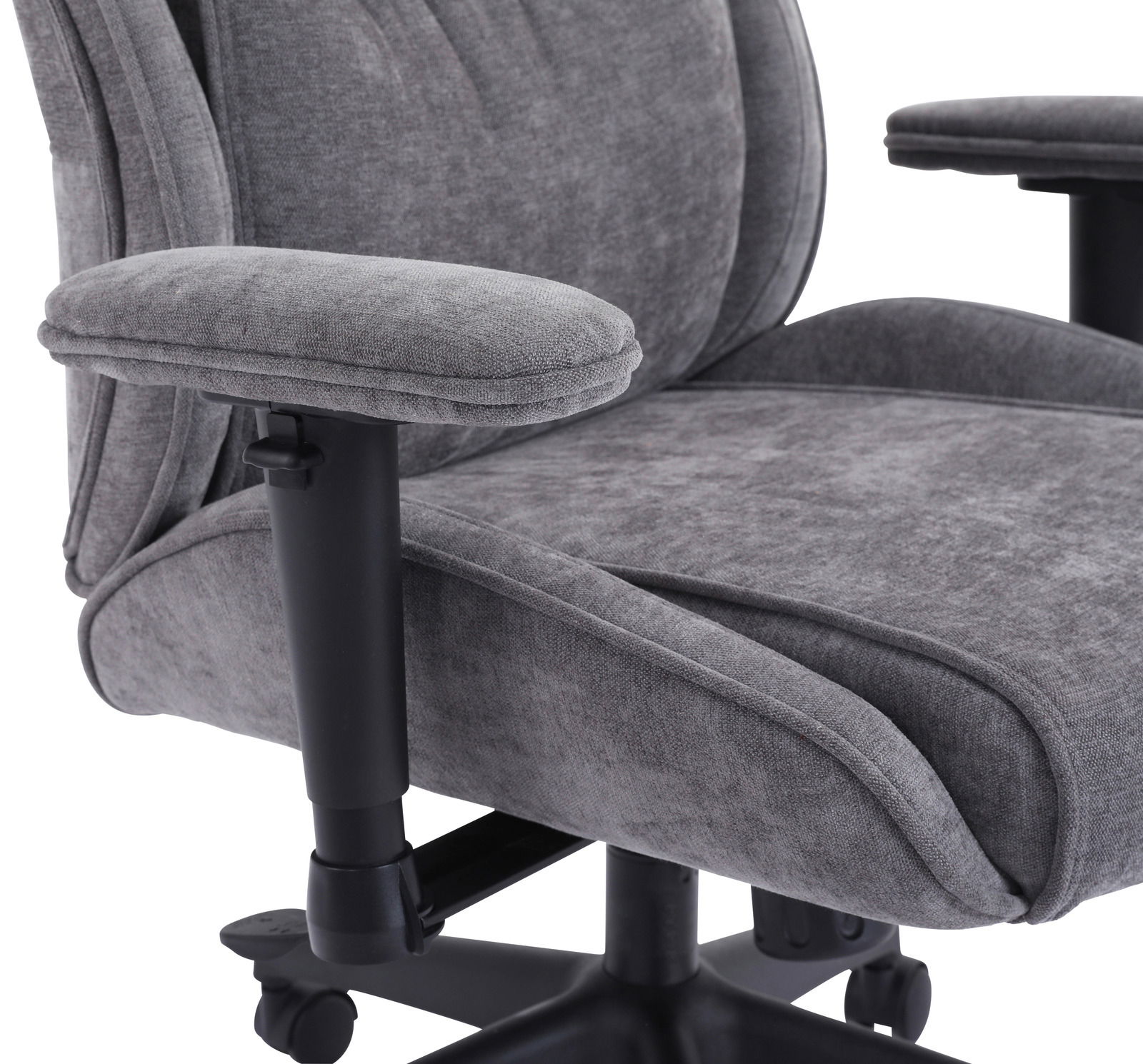 Grauer Homeoffice-Drehstuhl mit Armlehne, seitliche Perspektive