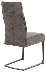 Rückansicht eines modernen Freischwinger-Stuhls mit grauem Stoffbezug und schwarzem Metallgestell.