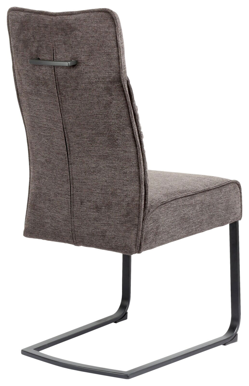 Rückansicht eines modernen Freischwinger-Stuhls mit grauem Stoffbezug und schwarzem Metallgestell.