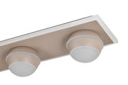 Zweiflammige LED-Deckenleuchte in Beige und Weiß, seitliche Perspektive