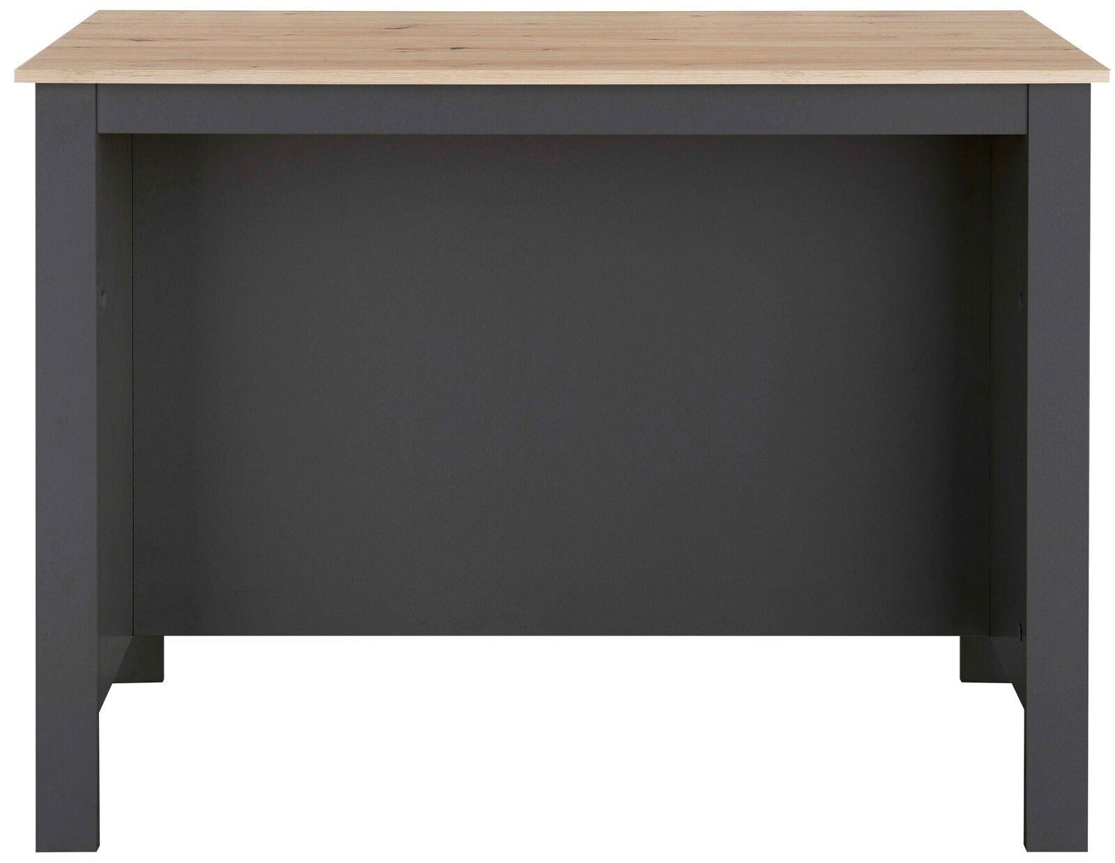Kücheninsel mit dunklem Korpus und heller Holzplatte, Vorderansicht
