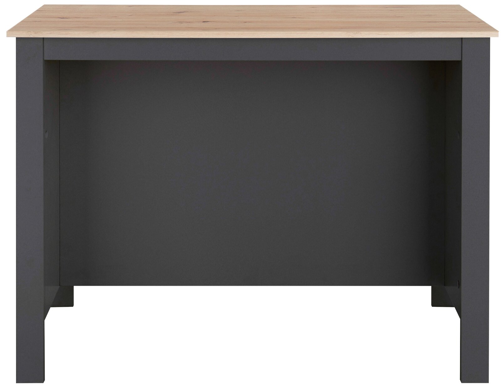 Kücheninsel mit dunklem Korpus und heller Holzplatte, Vorderansicht