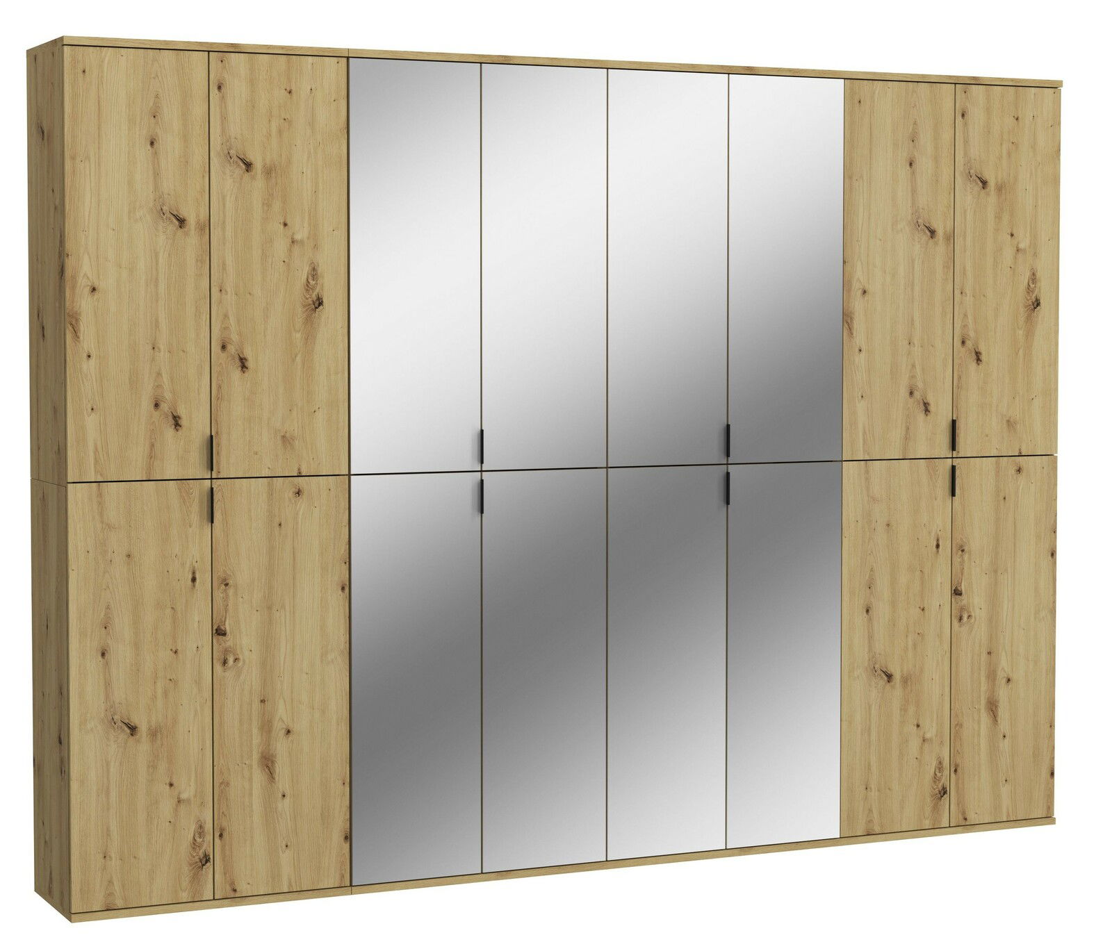 Garderobenkombination aus Holz mit Spiegeltüren, frontal betrachtet.