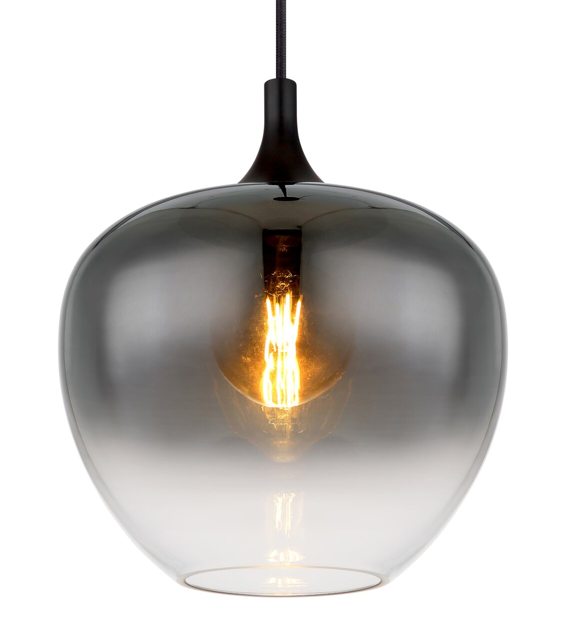 Moderne Hängeleuchte mit rauchgrauem Glas und sichtbarem Leuchtmittel, Frontalansicht