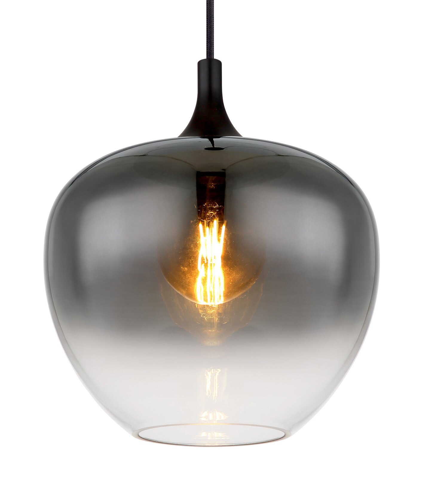 Moderne Hängeleuchte mit rauchgrauem Glas und sichtbarem Leuchtmittel, Frontalansicht