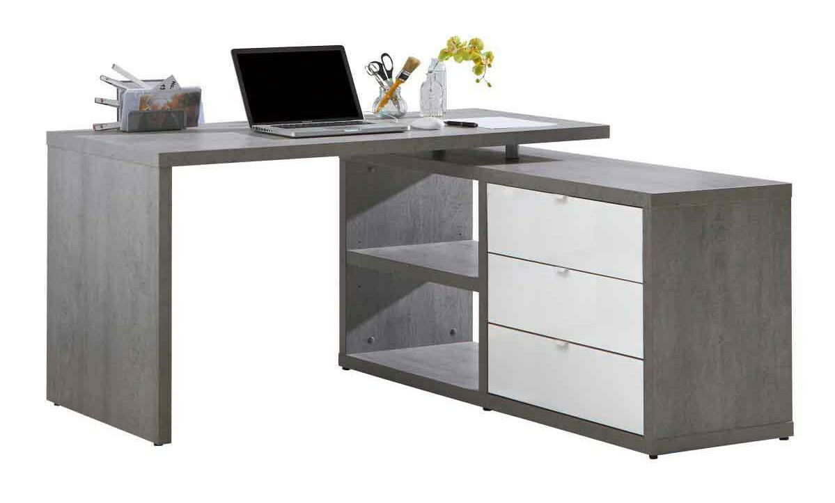 Moderner Eck-Schreibtisch in grauer Holzoptik mit integriertem Regal und Schubladen, seitliche Perspektive