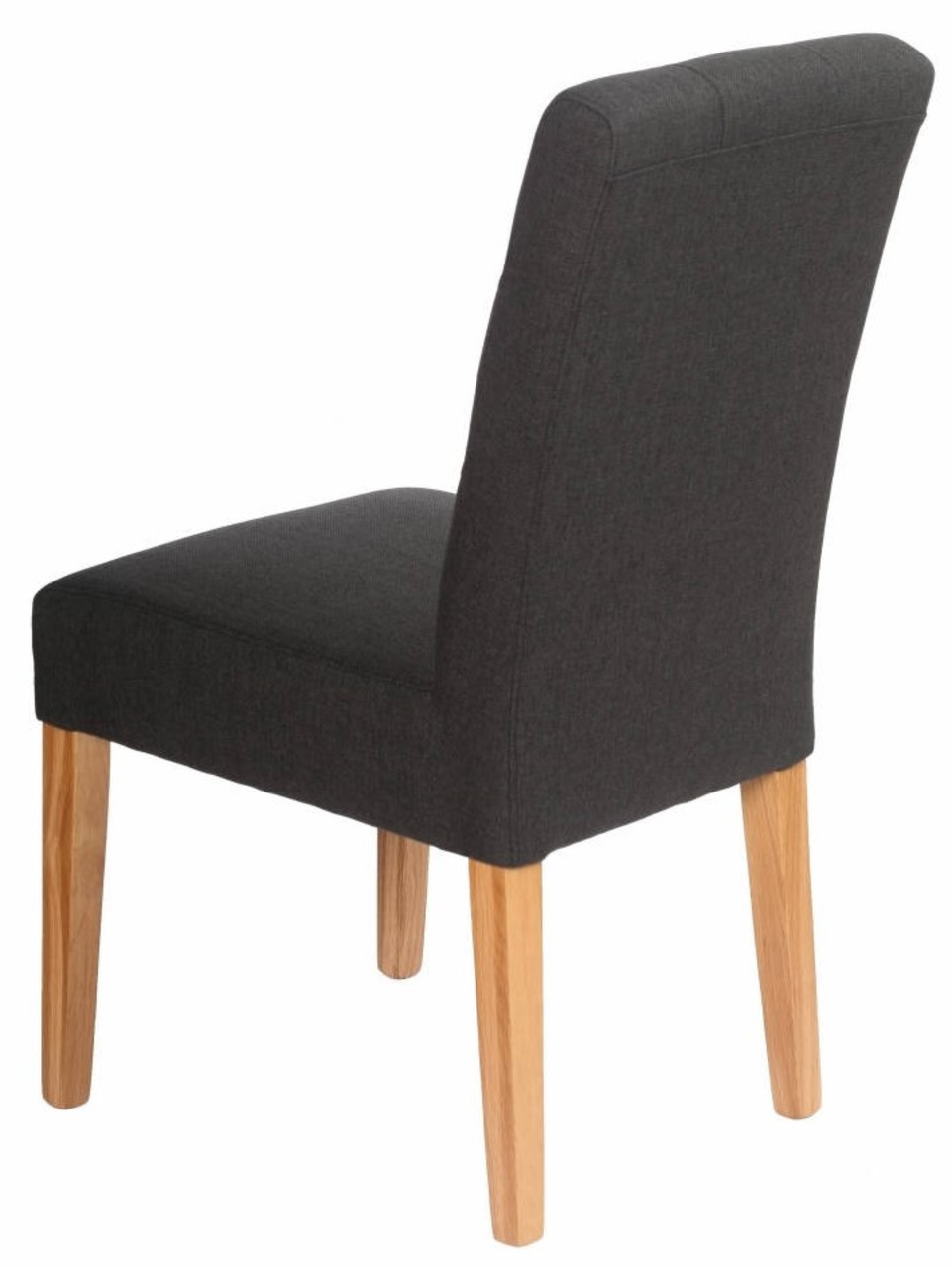 Rückansicht eines modernen Stuhls mit dunklem Stoffbezug und hellen Holzbeinen