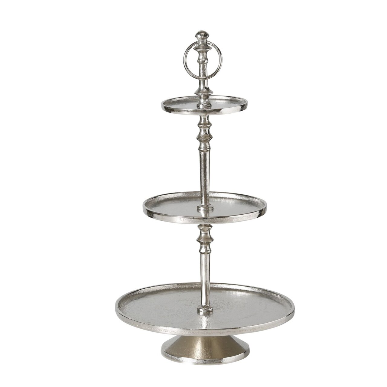 Boltze Decoratieve etagère, 3-delig, H 50 cm VALOMI Silberne dreistöckige Etagere Valomi, frontal fotografiert, mit dekorativem Griff oben.