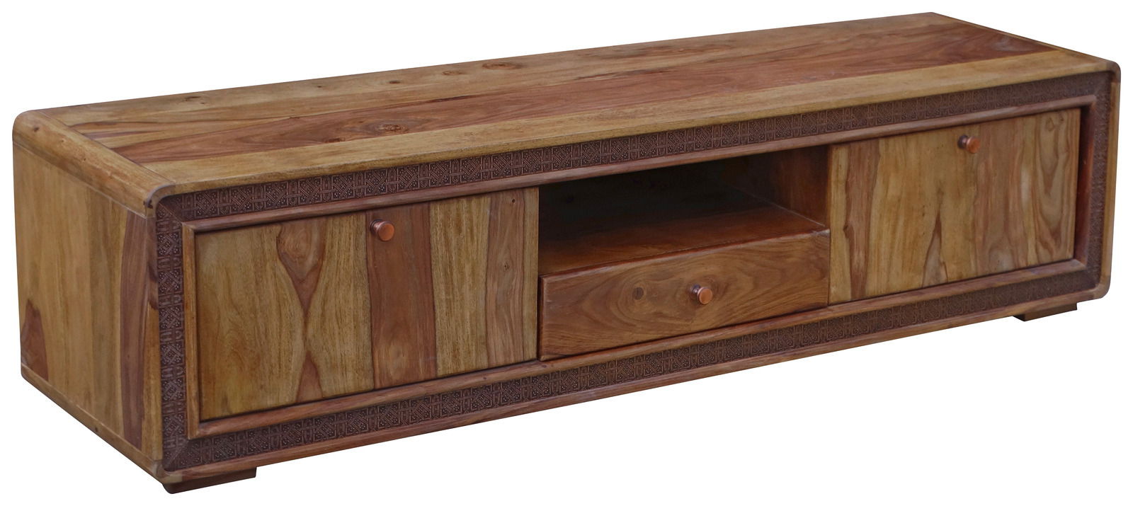 TV-Tisch aus Holz mit zwei Türen und einer Schublade, seitliche Perspektive