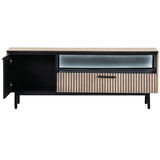 Modernes TV-Lowboard mit Holzlamellen, Glaseinsatz und offener Tür, frontale Ansicht