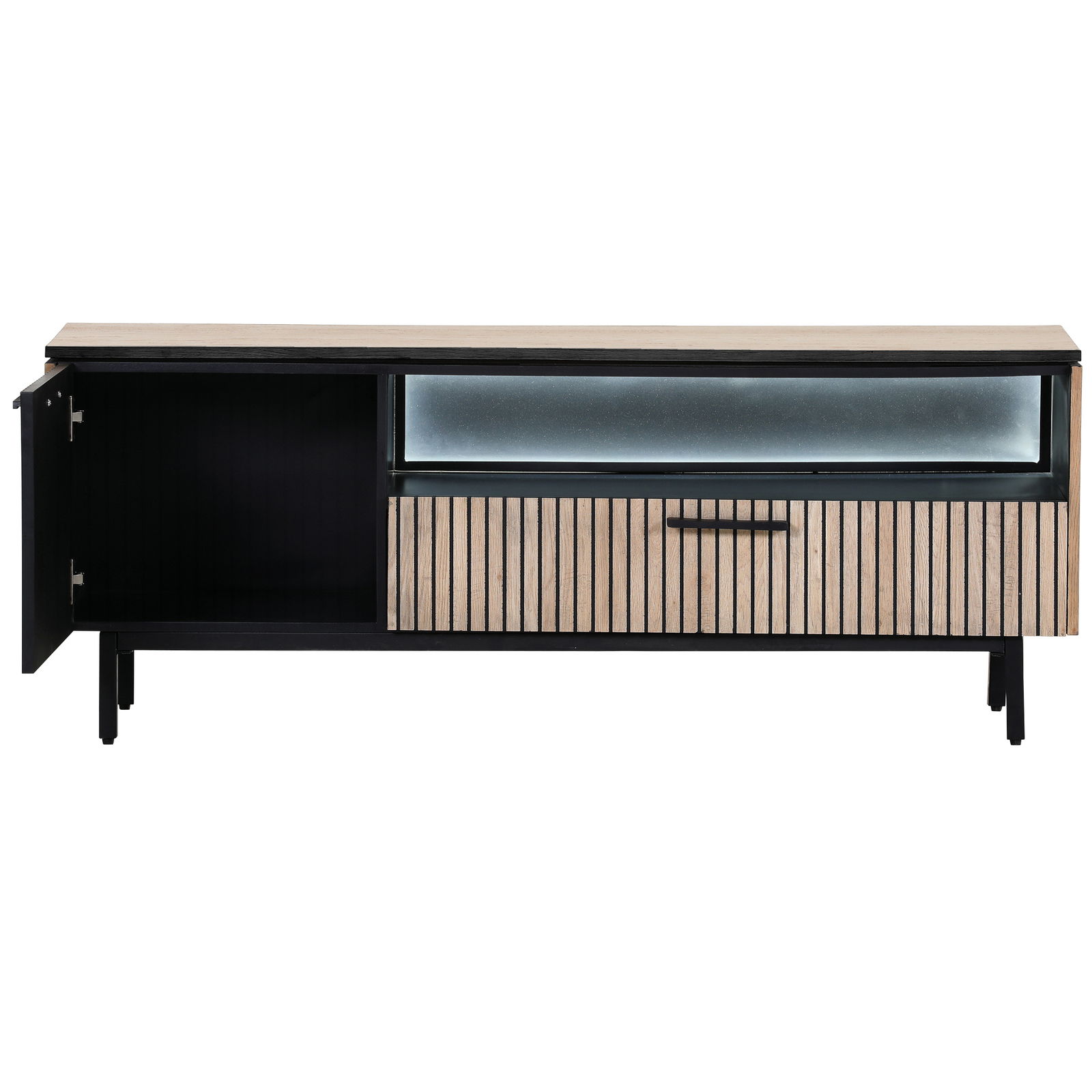 Modernes TV-Lowboard mit Holzlamellen, Glaseinsatz und offener Tür, frontale Ansicht