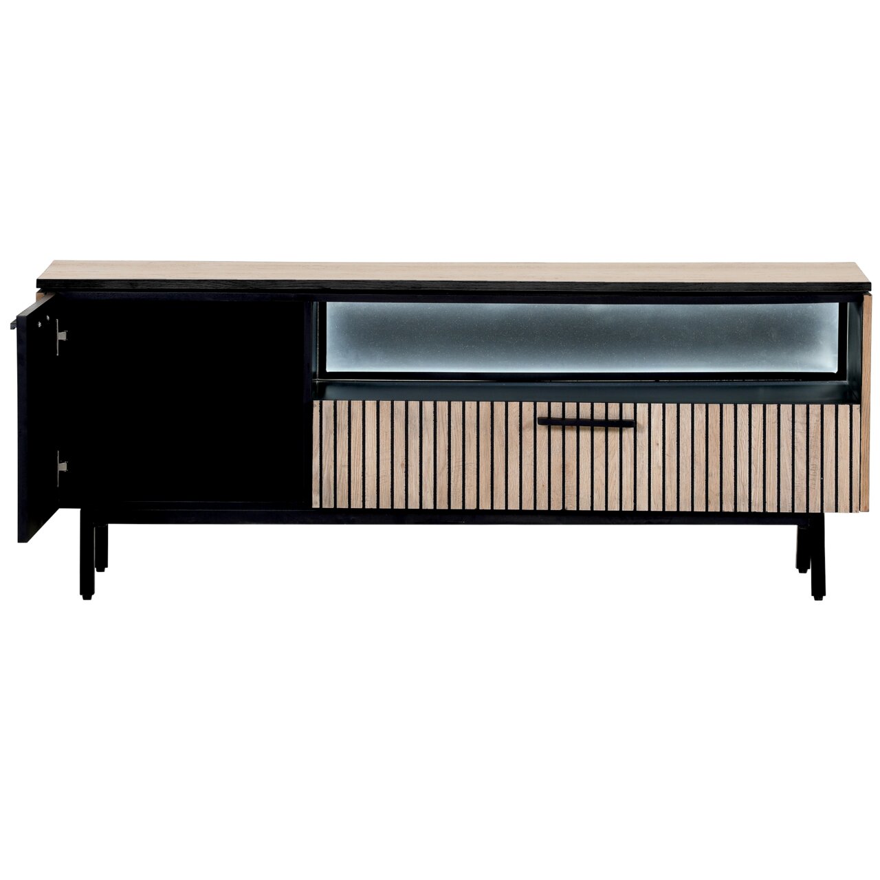Modern tv-lowboard met houten lamellen, glazen inzetstuk en open deur, vooraanzicht