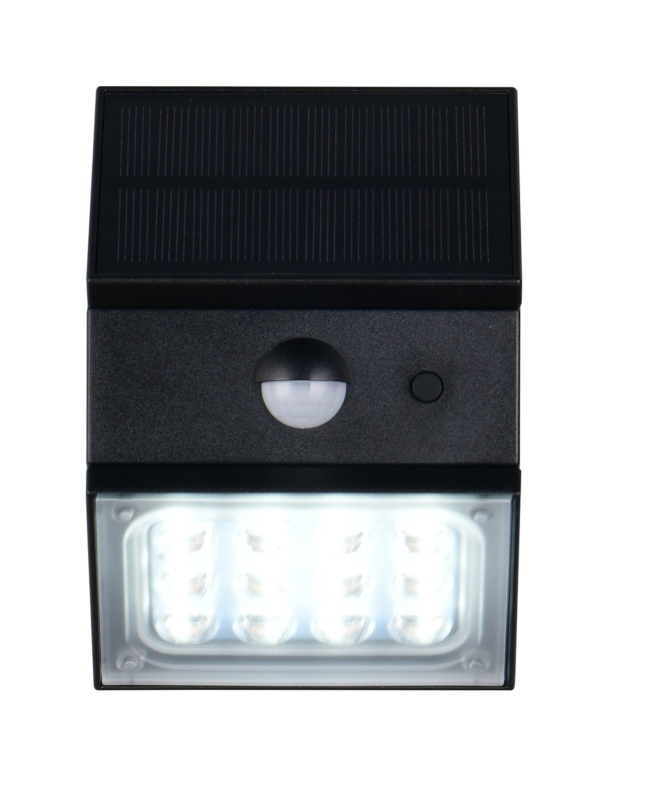 LED-buitenwandlamp op zonne-energie met bewegingsmelder, vooraanzicht
