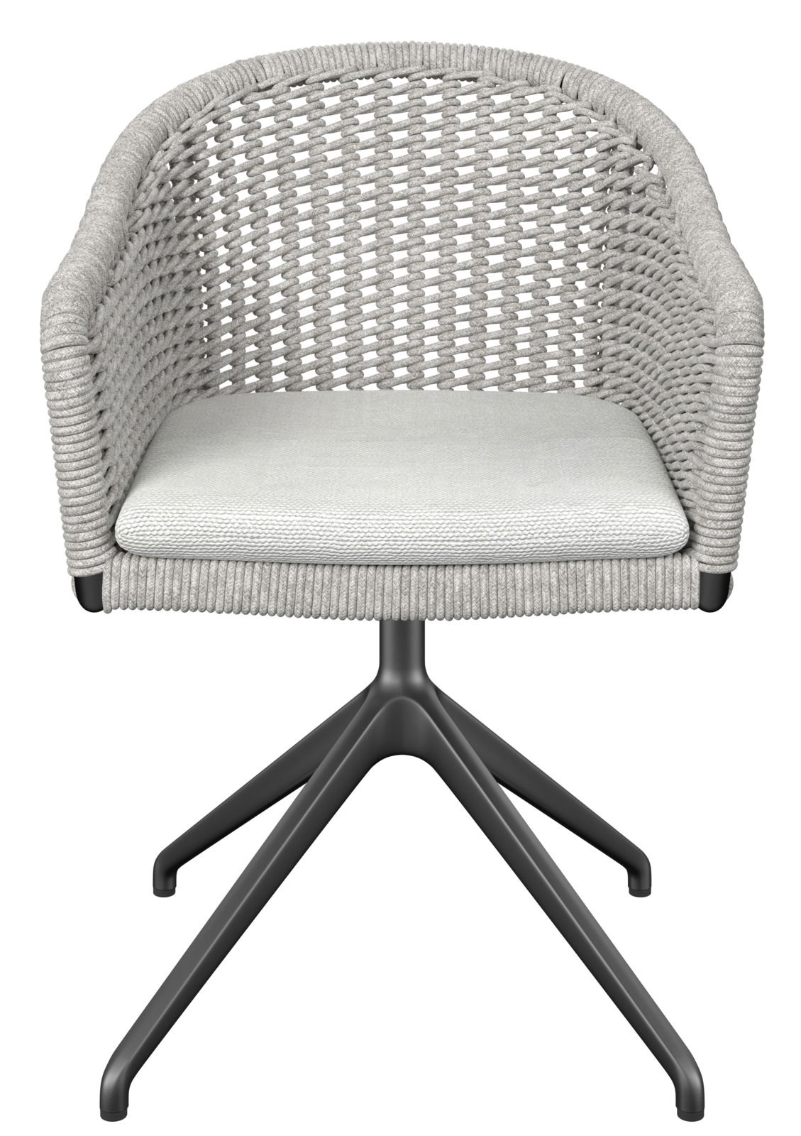 Moderner Armlehnstuhl mit geflochtenem Design und Metallgestell, Frontalansicht