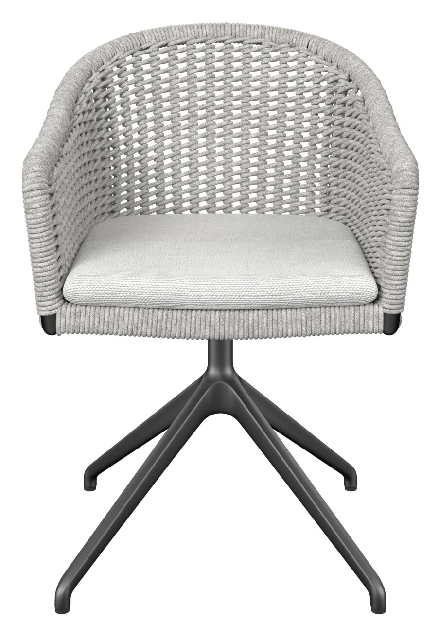 Moderner Armlehnstuhl mit geflochtenem Design und Metallgestell, Frontalansicht