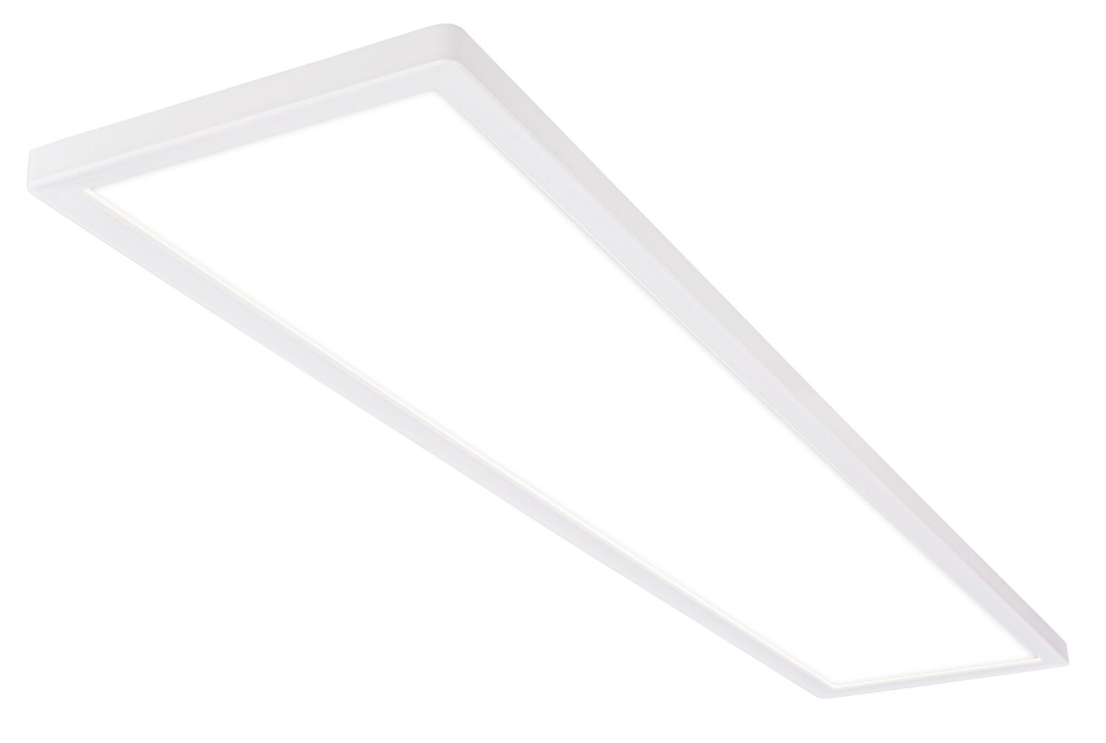 Briloner LED-paneel TAVA A Rechteckiges LED-Paneel in weißer Farbe, schräg von der Seite betrachtet.