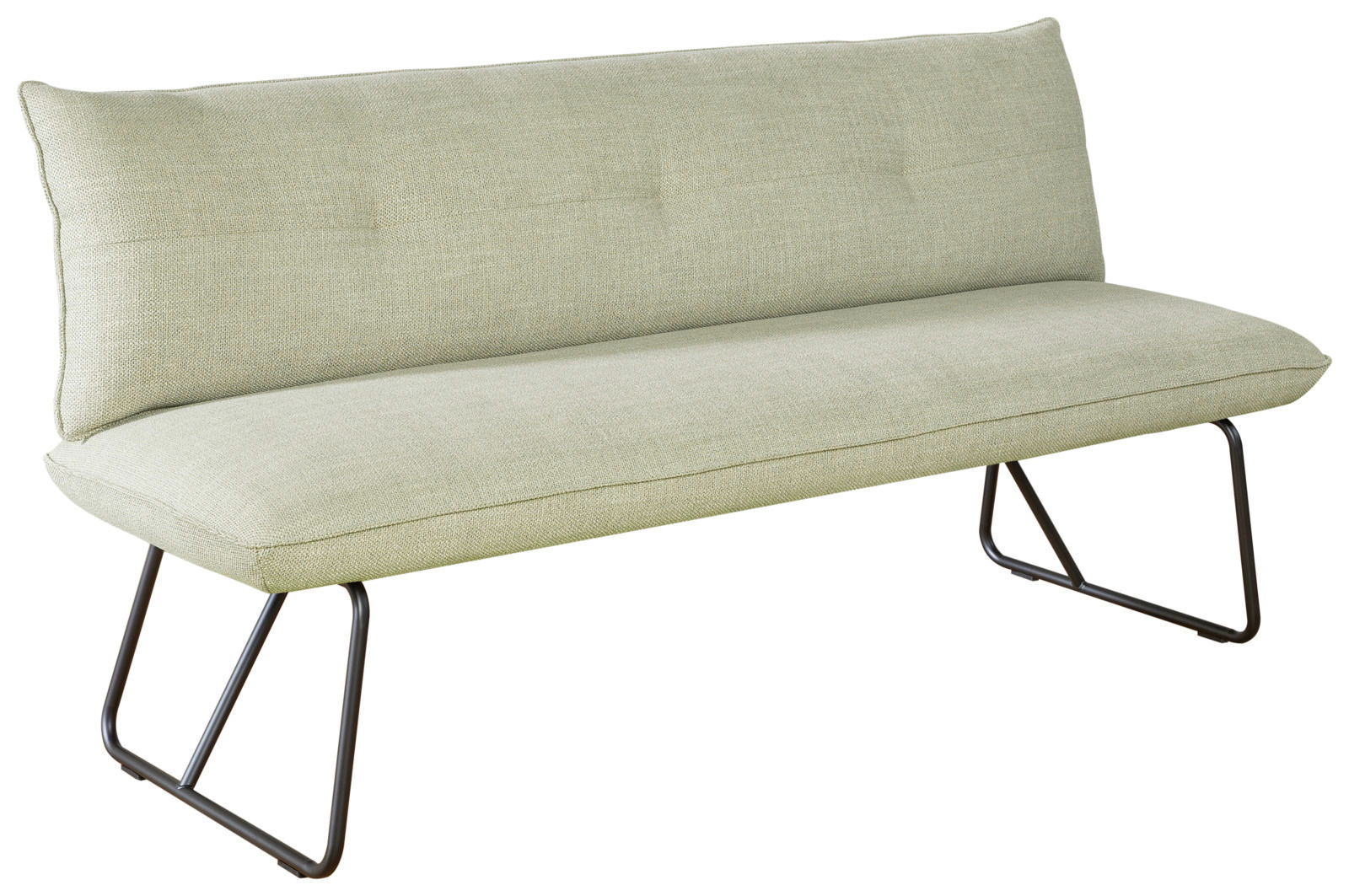 Grüne Bank mit Metallbeinen, seitliche Perspektive