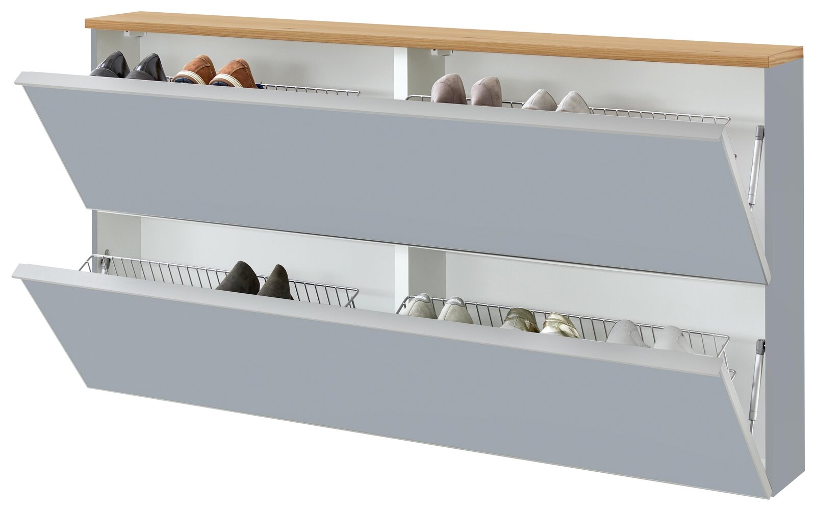 Modernes Schuhkippschrank/Schuhregal mit zwei nach vorne geöffneten Klappen, grauen Fronten und Holzoberplatte, innen Drahtkörbe mit Schuhen; Perspektive: schräg von vorne (3/4-Ansicht)