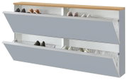 Modernes Schuhkippschrank/Schuhregal mit zwei nach vorne geöffneten Klappen, grauen Fronten und Holzoberplatte, innen Drahtkörbe mit Schuhen; Perspektive: schräg von vorne (3/4-Ansicht)