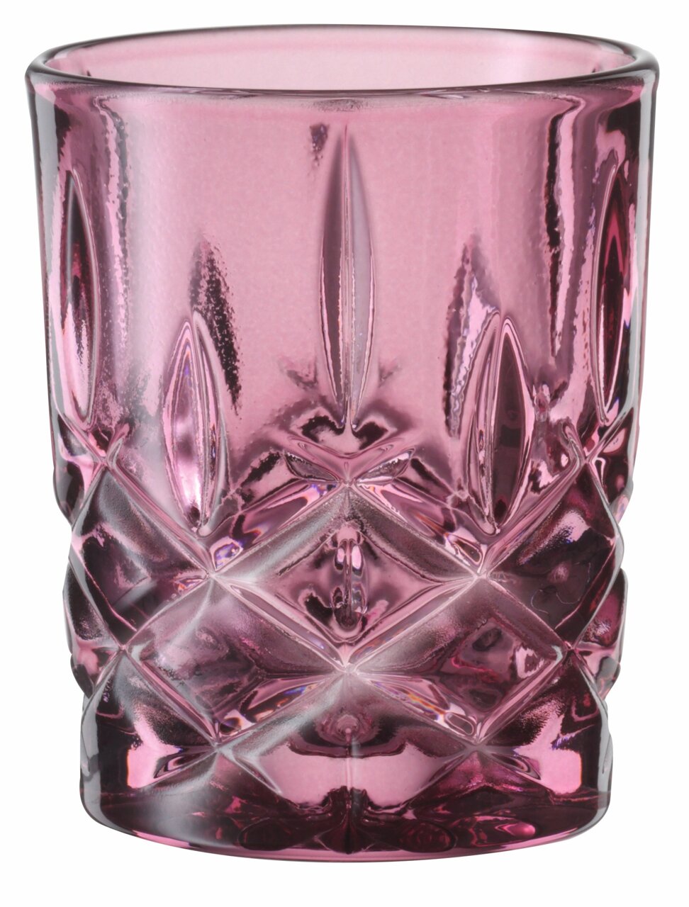 Roze glas met een elegant slijpspatroon, vooraanzicht