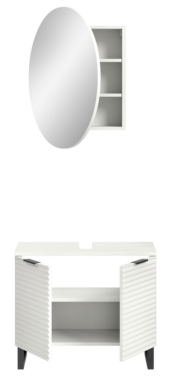 Badkombination mit rundem Spiegel und offenem Unterschrank, Frontalansicht