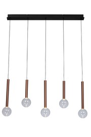 Moderne LED-Hängeleuchte mit fünf hängenden Glühbirnen in Kupferfassungen, frontal betrachtet.