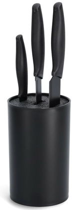 Schwarzer Messerblock mit Borsteneinsatz und drei schwarzen Messern, seitliche Perspektive