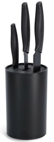 Schwarzer Messerblock mit Borsteneinsatz und drei schwarzen Messern, seitliche Perspektive