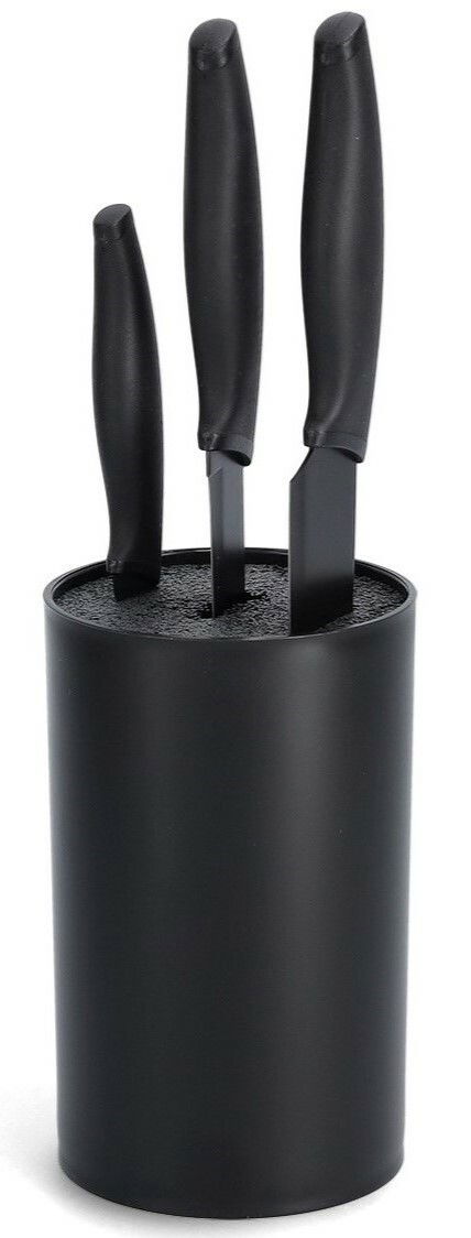 Schwarzer Messerblock mit Borsteneinsatz und drei schwarzen Messern, seitliche Perspektive