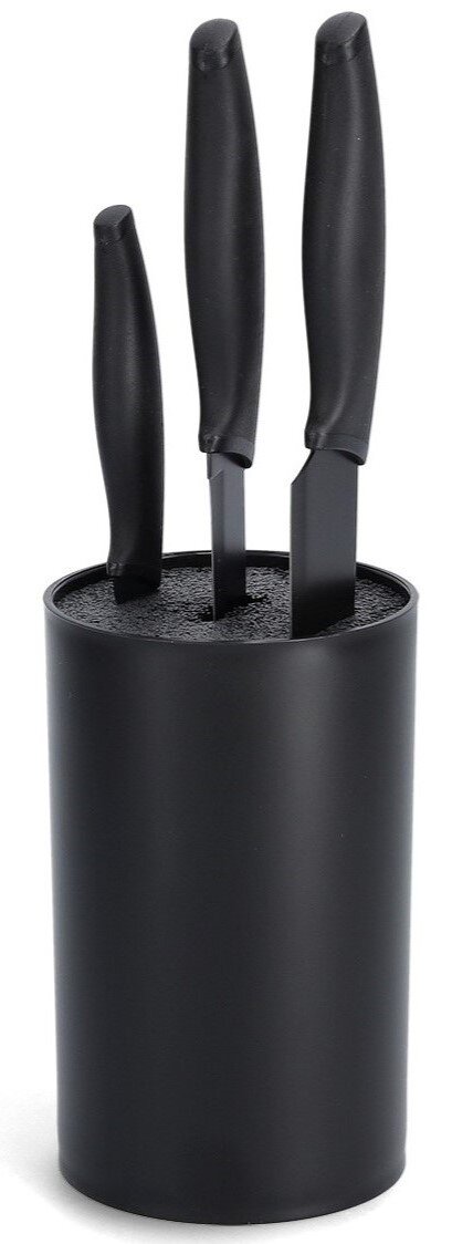 Schwarzer Messerblock mit Borsteneinsatz und drei schwarzen Messern, seitliche Perspektive