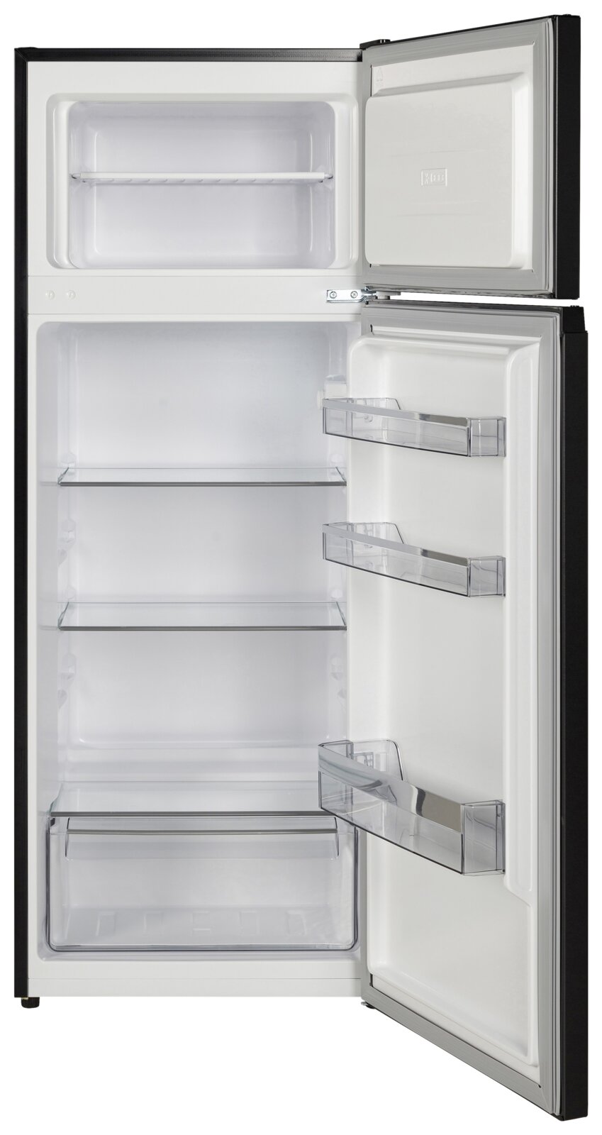 Geöffneter Kühlschrank mit Gefrierfach oben, Glasablagen und Türfächern, Innenansicht in Frontalperspektive.