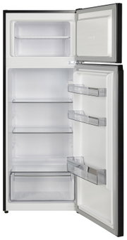 Geöffneter Kühlschrank mit Gefrierfach oben, Glasablagen und Türfächern, Innenansicht in Frontalperspektive.