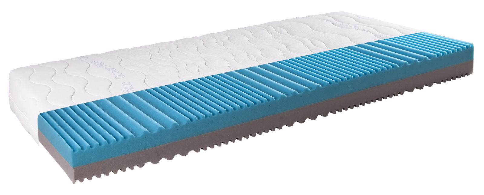 Kaltschaummatratze 90x200 mit sichtbarem Schaumstoffkern in Blau und Grau, seitliche Perspektive