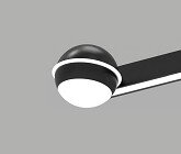 Moderne zwarte plafondventilator met geïntegreerde ronde witte lamp, schuin van onderen gezien