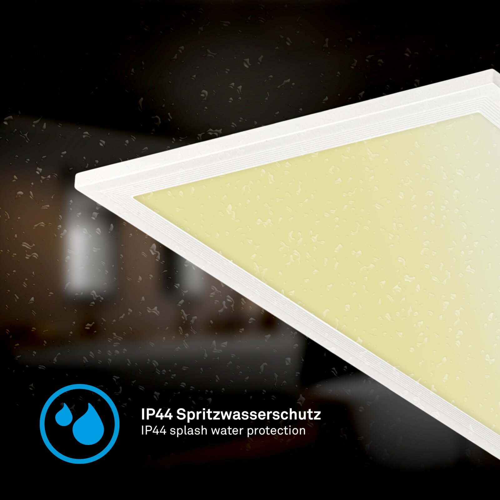 Rechthoekige LED plafondlamp/paneel met witte rand en warmwitte lichtplaat, IP44 spatwaterdicht, schuin van onderen in close-up weergegeven met waterdruppels op donkere achtergrond